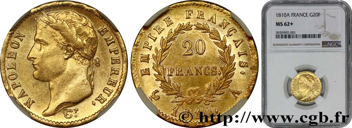 20 francs or Napoléon tête laurée, Empire français 1810 Paris F.516/9 SUP62 NGC