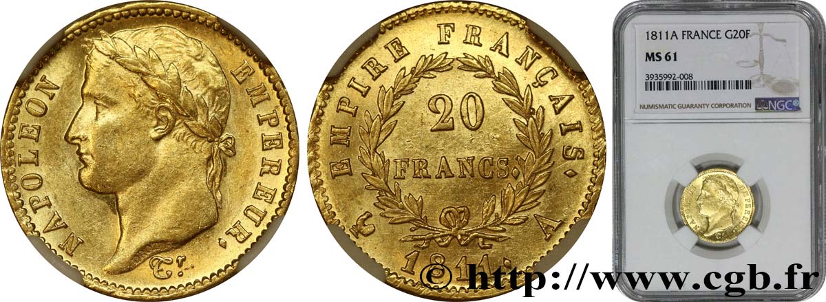 20 francs or Napoléon, tête laurée, Empire français 1811 Paris F.516/16 SPL61 NGC