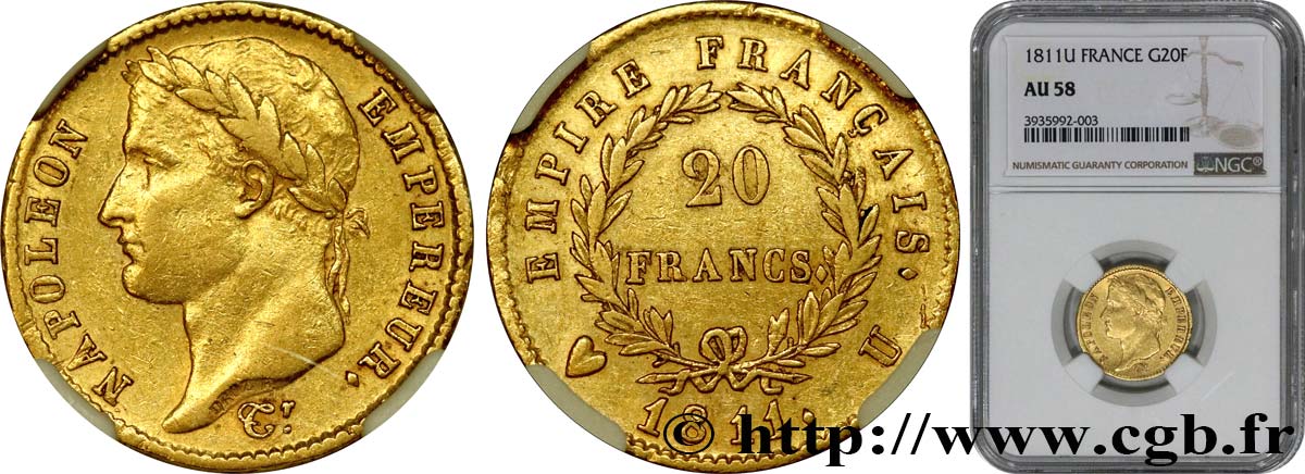 20 francs or Napoléon tête laurée, Empire français 1811 Turin F.516/20 AU58 NGC