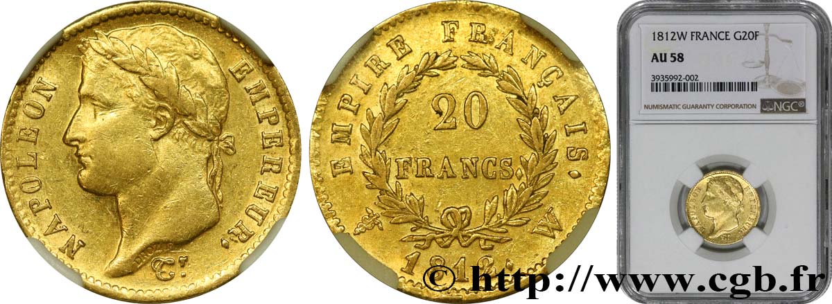 20 francs or Napoléon tête laurée, Empire français 1812 Lille F.516/29 SUP58 NGC