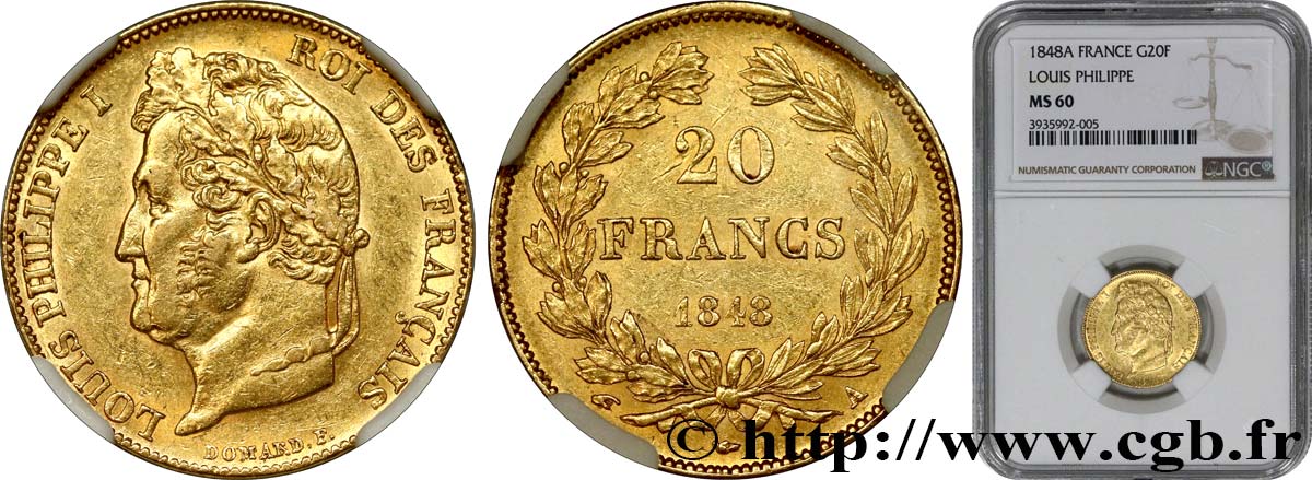 20 francs or Louis-Philippe, Domard 1848 Paris F.527/38 MS60 NGC