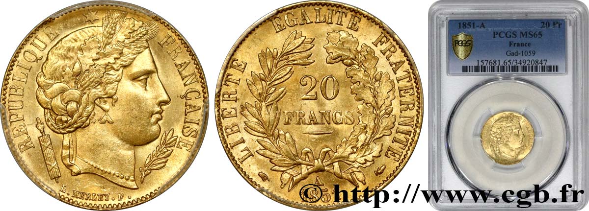 20 francs or Cérès 1851 Paris F.529/4 MS65 PCGS