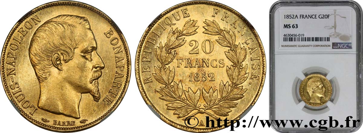 20 francs or Louis-Napoléon 1852 Paris F.530/1 SC63 NGC