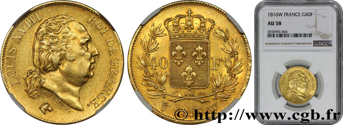 40 francs or Louis XVIII 1816 Lille F.542/5 SPL58 NGC