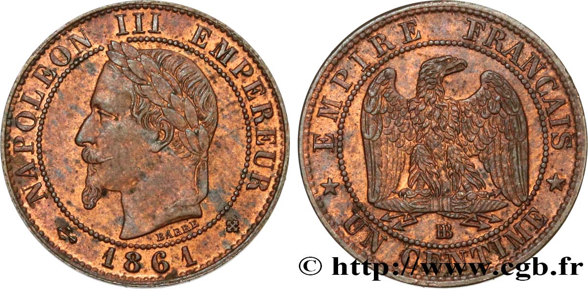 Un centime Napoléon III, tête laurée 1861 Strasbourg F.103/2 MBC54 
