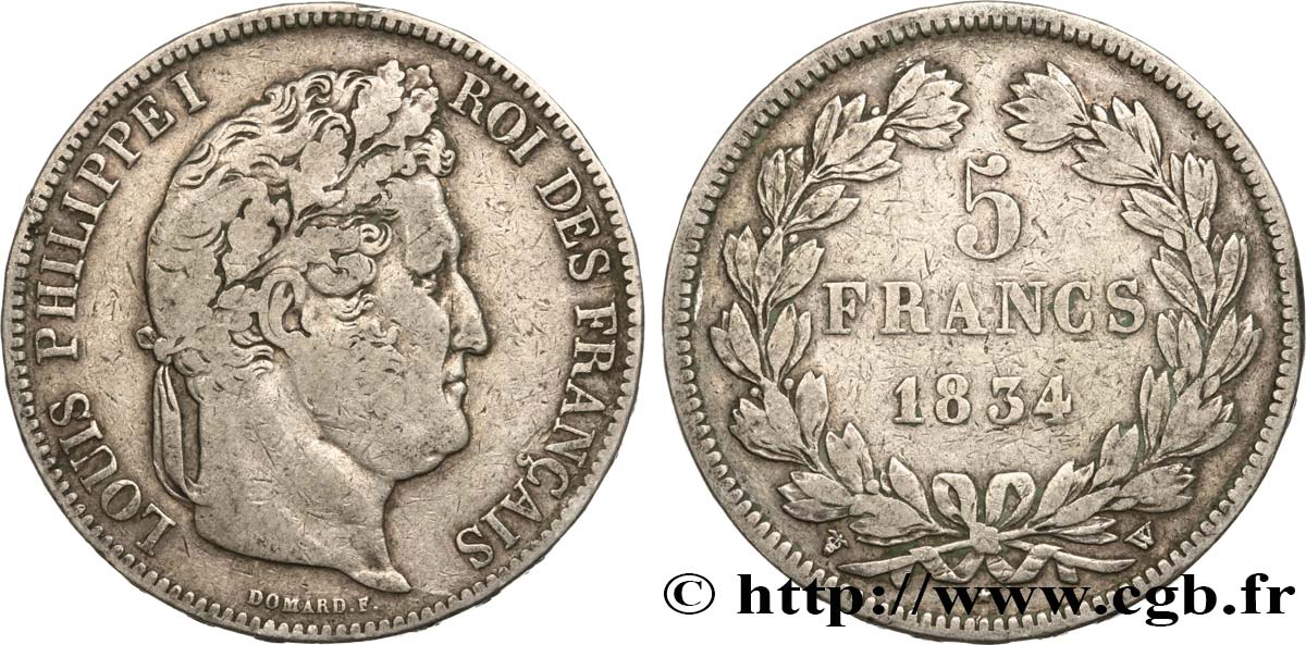 5 francs IIe type Domard 1834 Lille F.324/41 VF 