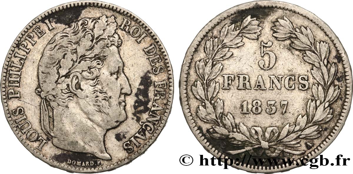 5 francs IIe type Domard 1837 Paris F.324/61 S20 