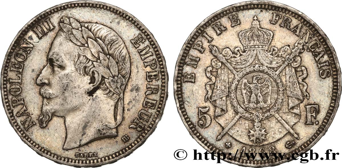 5 francs Napoléon III, tête laurée 1868 Strasbourg F.331/13 SS45 