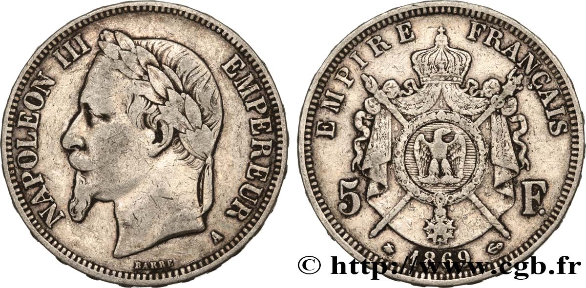 5 francs Napoléon III, tête laurée 1869 Paris F.331/14 TB20 