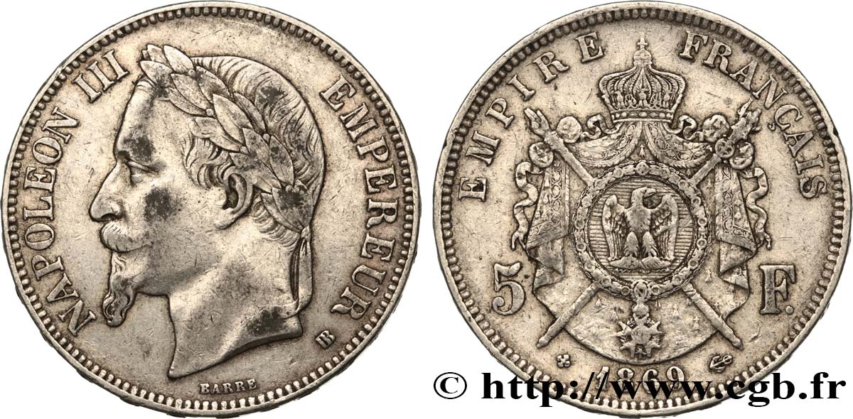 5 francs Napoléon III, tête laurée 1869 Strasbourg F.331/15 TB 