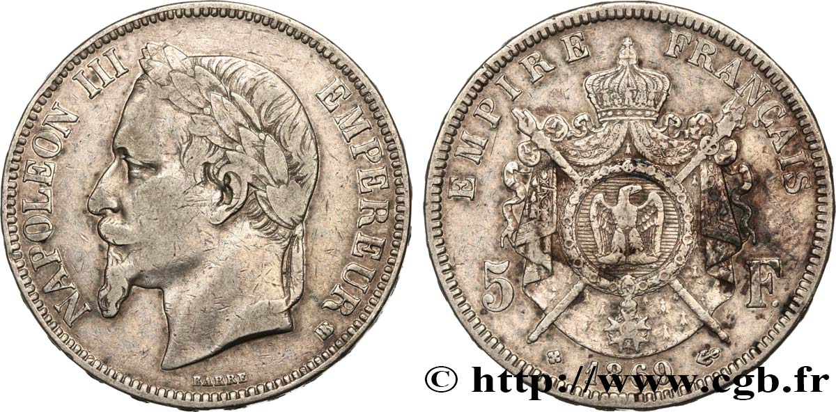 5 francs Napoléon III, tête laurée 1869 Strasbourg F.331/15 TB 