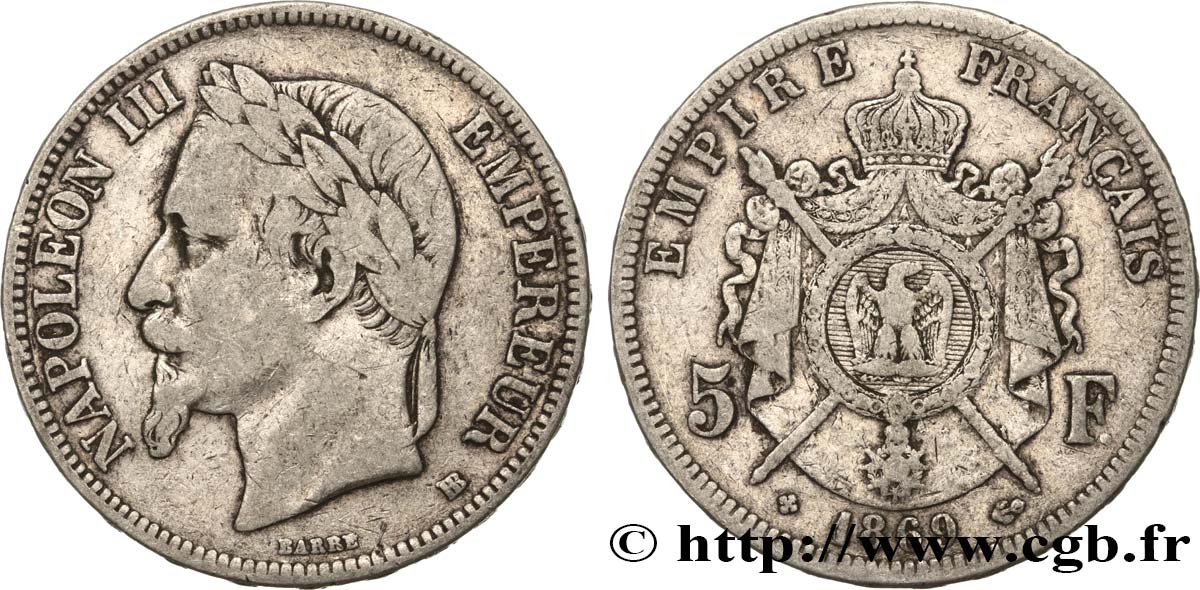 5 francs Napoléon III, tête laurée 1869 Strasbourg F.331/15 B 