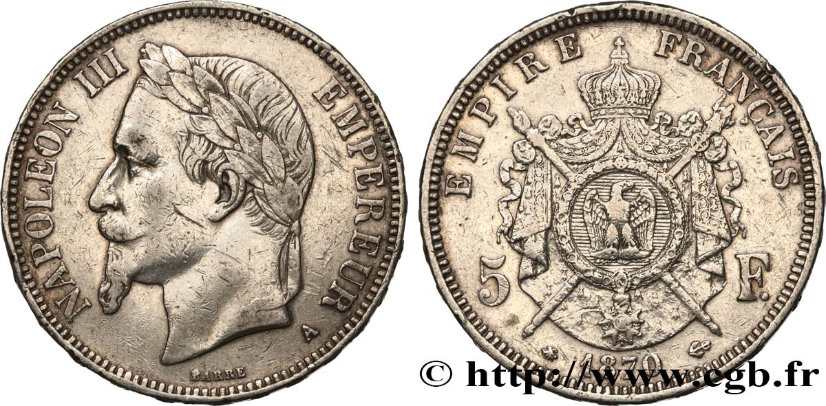 5 francs Napoléon III, tête laurée 1870 Paris F.331/16 BC 