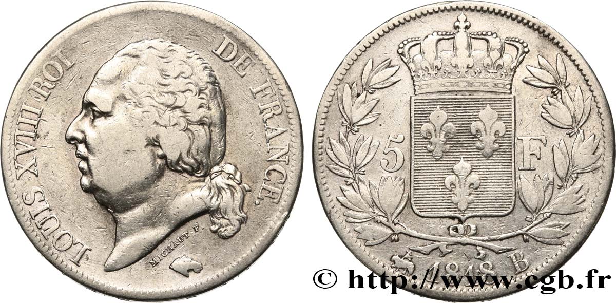 5 francs Louis XVIII, tête nue 1818 Rouen F.309/29 TB 