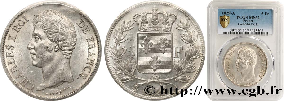 5 francs Charles X, 2e type 1829 Paris F.311/27 MS62 PCGS