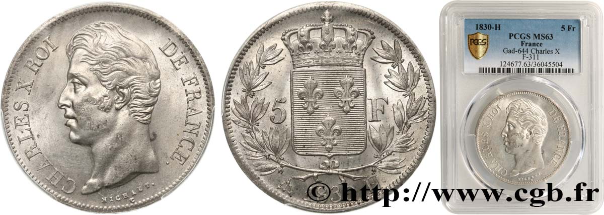 5 francs Charles X, 2e type 1830 La Rochelle F.311/44 SC63 PCGS