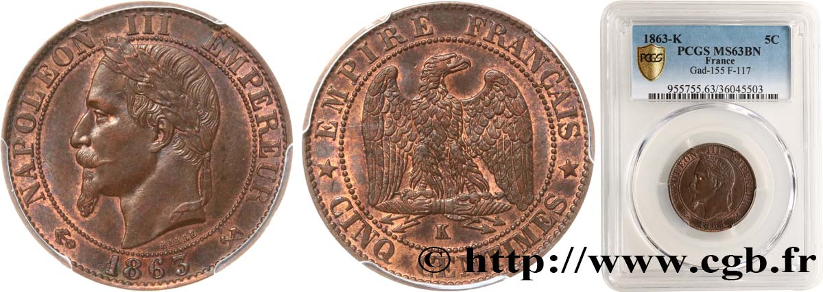 Cinq centimes Napoléon III, tête laurée 1863 Bordeaux F.117/12 fST63 PCGS
