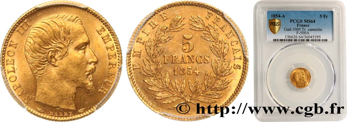 5 francs or Napoléon III, tête nue, petit module, tranche cannelée 1854 Paris F.500A/1 SC64 PCGS