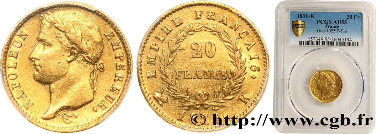 20 francs or Napoléon tête laurée, Empire français 1811 Bordeaux F.516/18 AU55 PCGS