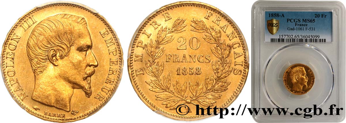 20 francs or Napoléon III, tête nue 1858 Paris F.531/13 FDC65 PCGS