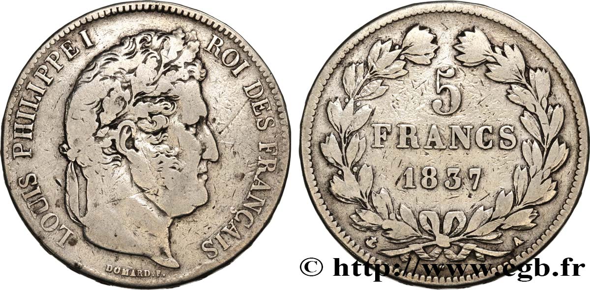 5 francs IIe type Domard 1837 Paris F.324/61 VF 
