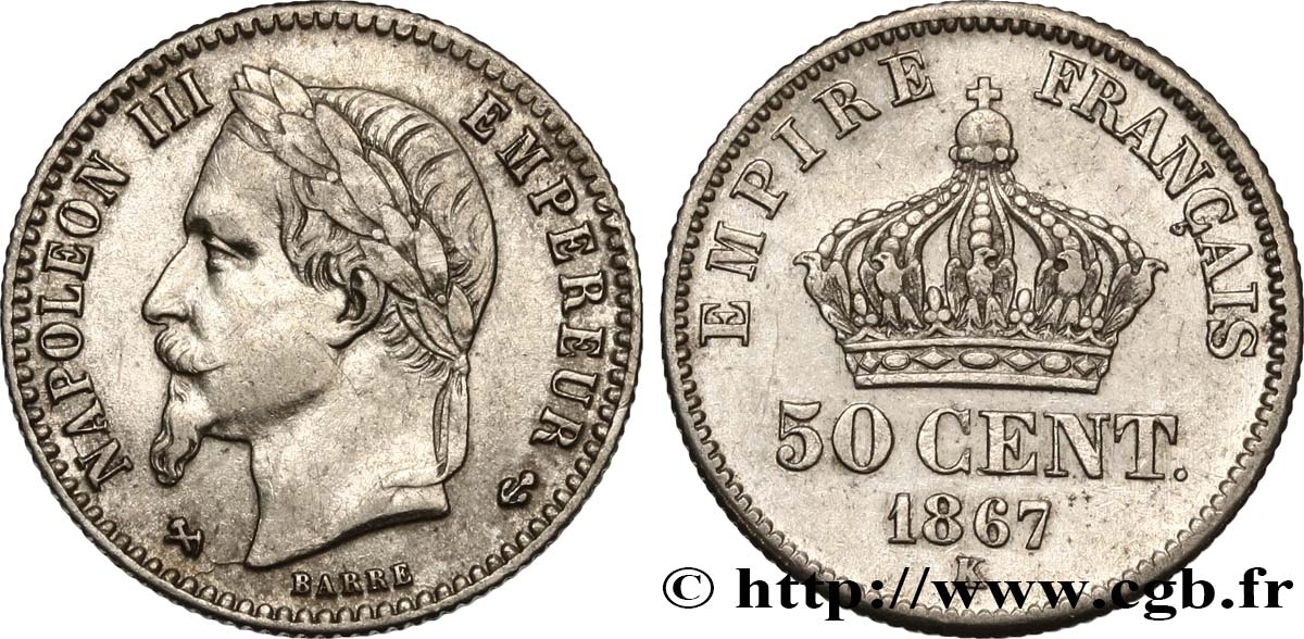 50 centimes Napoléon III, tête laurée 1867 Bordeaux F.188/18 TTB48 