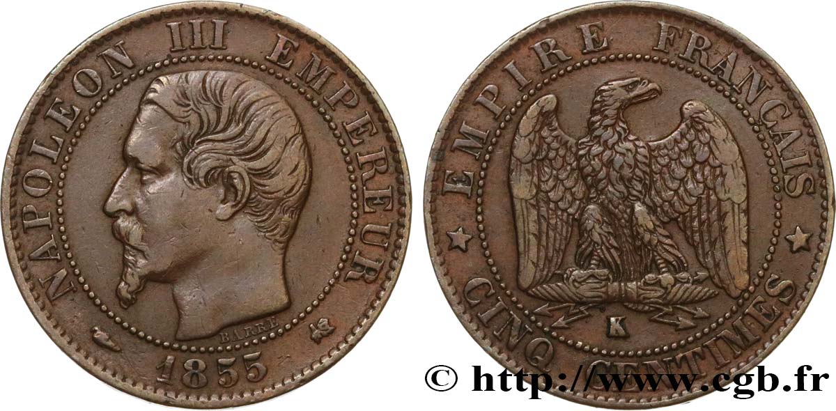 Cinq centimes Napoléon III, tête nue 1855 Bordeaux F.116/24 SS45 