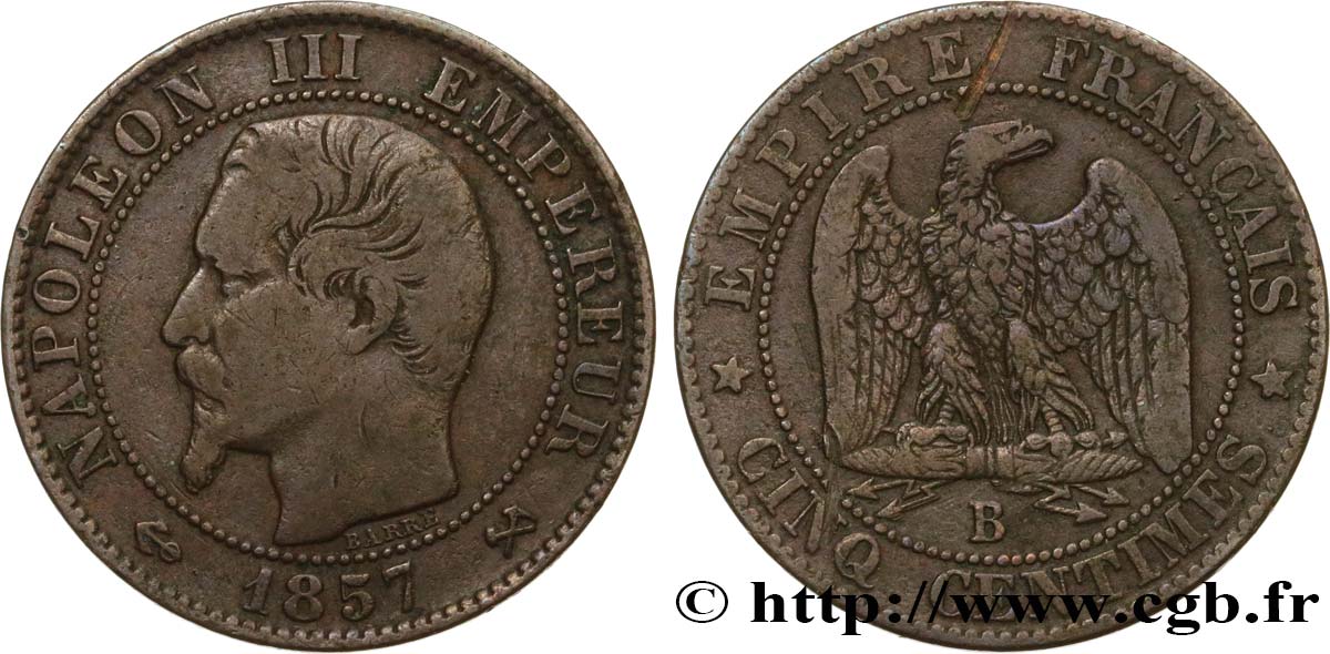 Cinq centimes Napoléon III, tête nue 1857 Rouen F.116/38 VF25 
