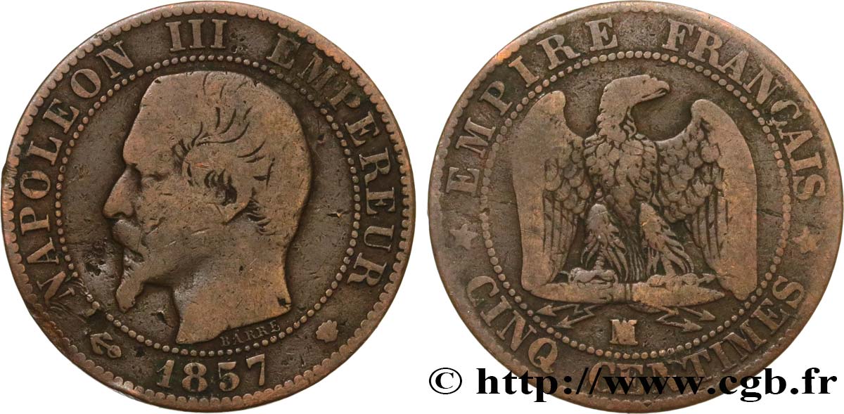 Cinq centimes Napoléon III, tête nue 1857 Marseille F.116/42 B 
