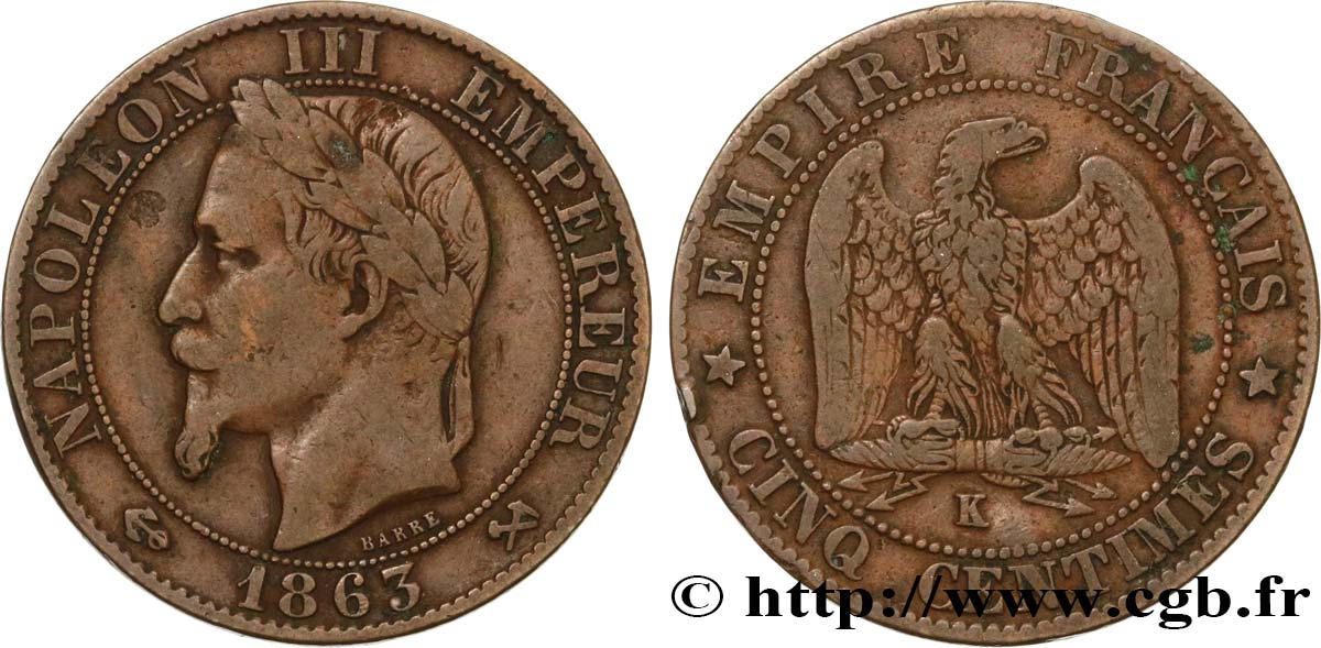 Cinq centimes Napoléon III, tête laurée 1863 Bordeaux F.117/12 S25 