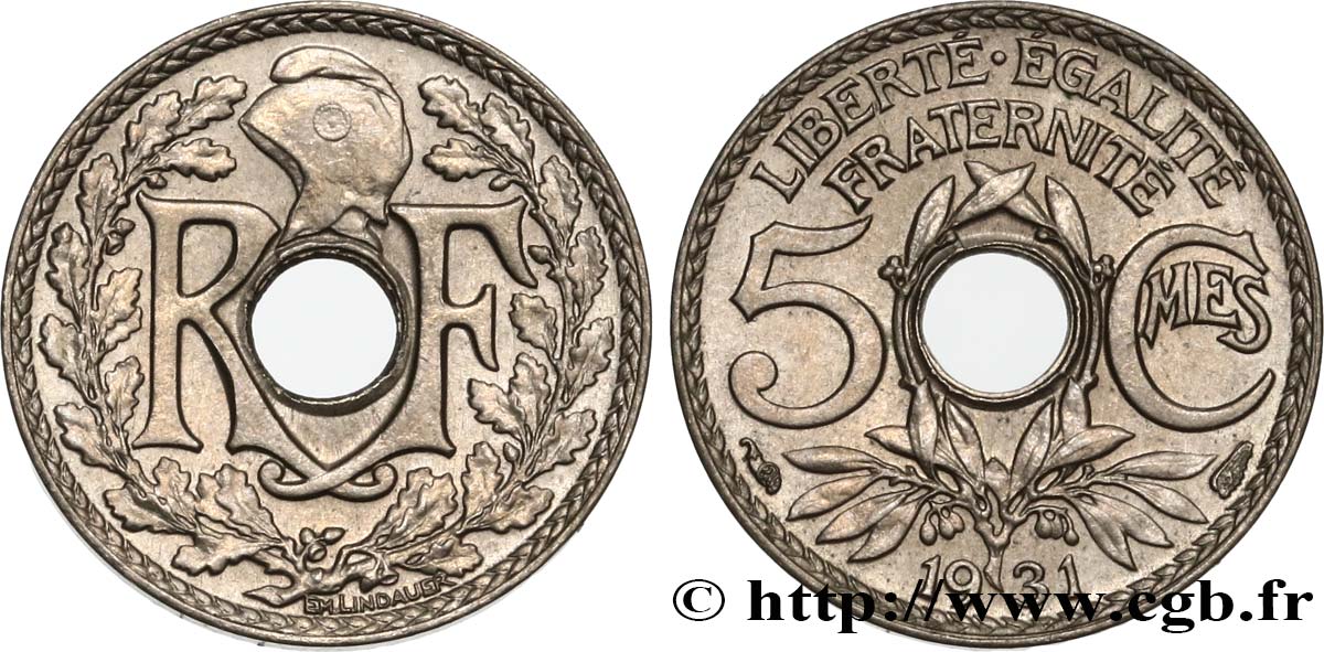 5 centimes Lindauer, petit module 1931 Paris F.122/14 AU58 