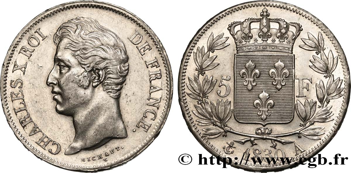5 francs Charles X 2e type, tranche en relief 1830 Paris F.312/1 TTB+ 