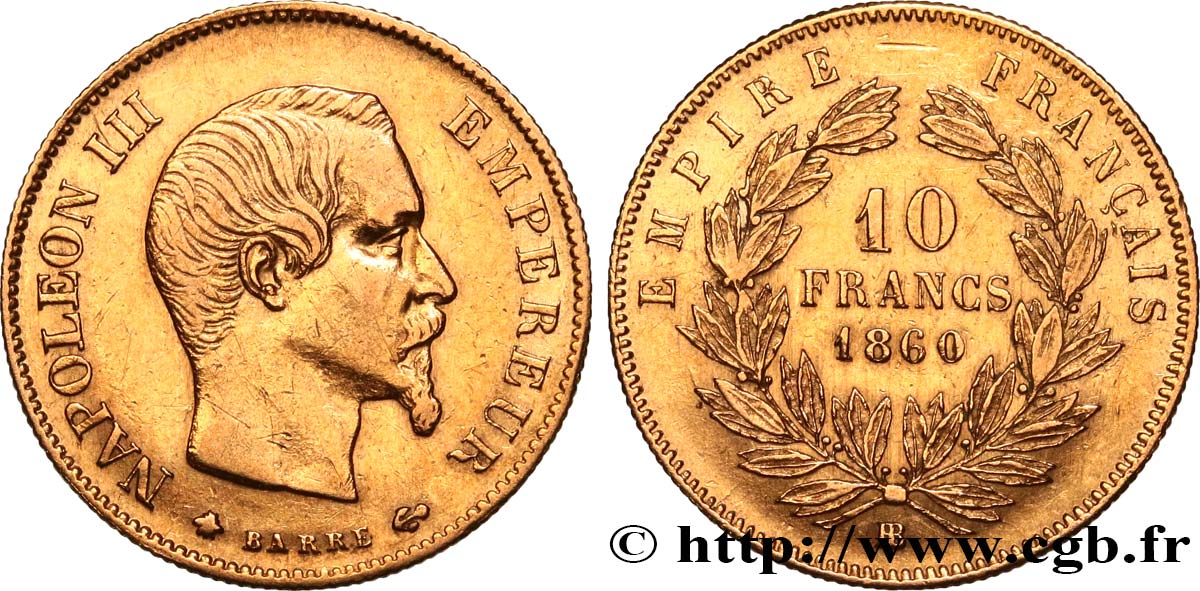 10 francs or Napoléon III, tête nue 1860 Strasbourg F.506/11 MBC 