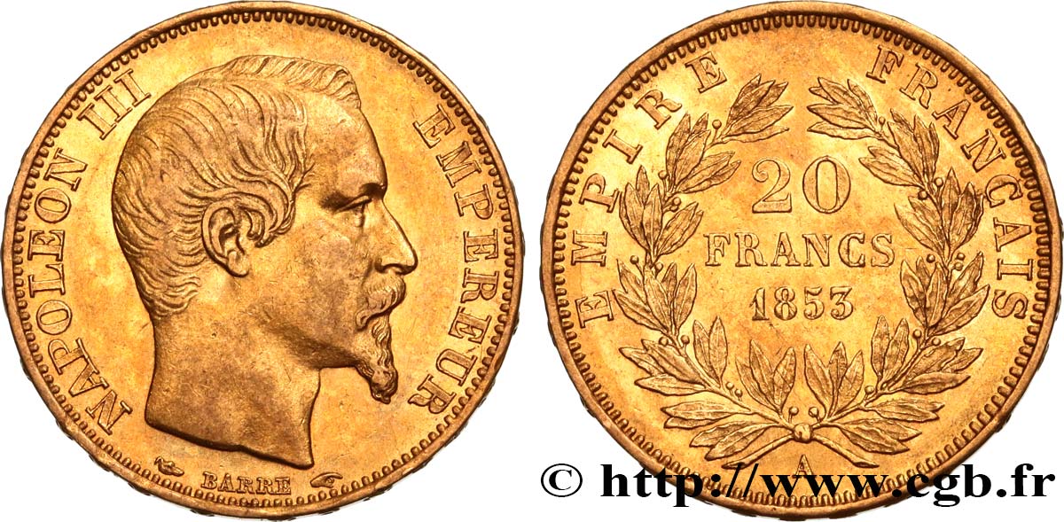 20 francs or Napoléon III, tête nue 1853 Paris F.531/1 XF45 