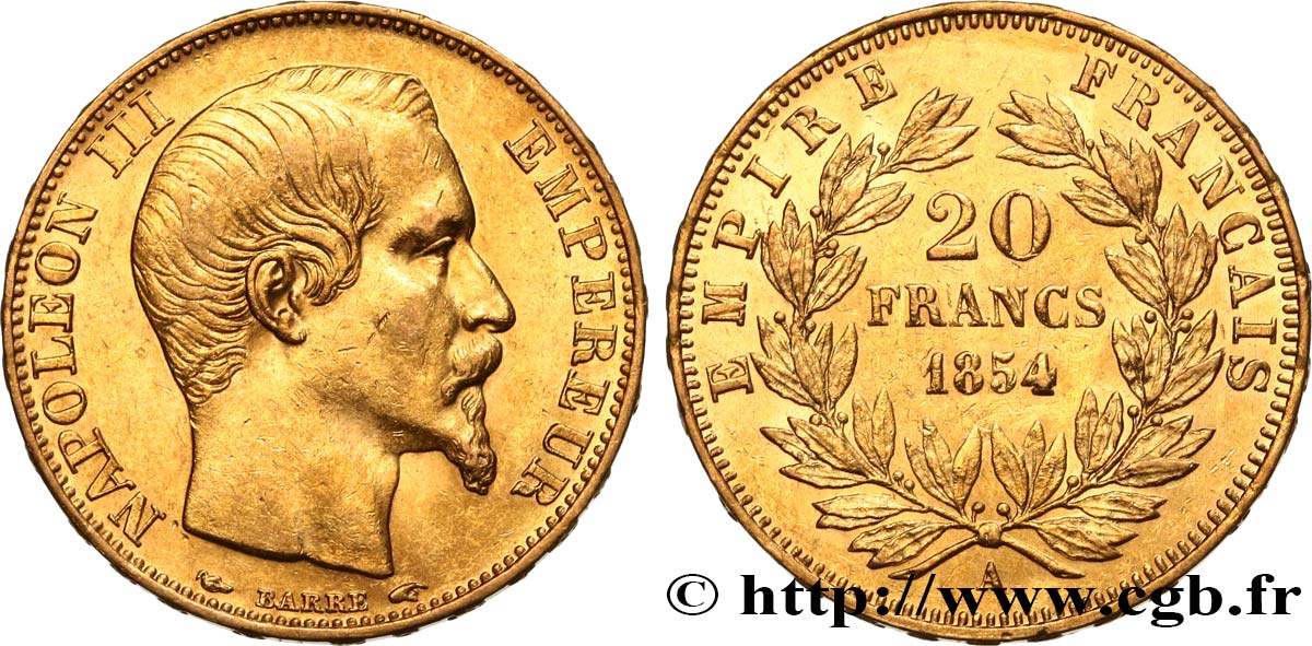 20 francs or Napoléon III, tête nue 1854 Paris F.531/2 BB50 