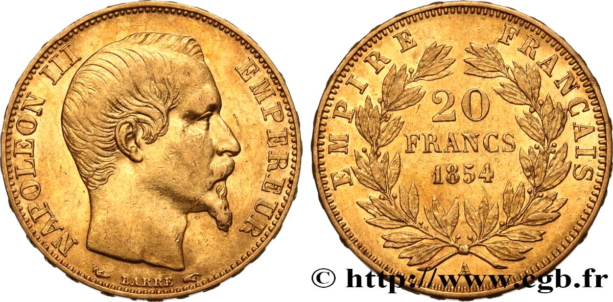 20 francs or Napoléon III, tête nue 1854 Paris F.531/2 XF 