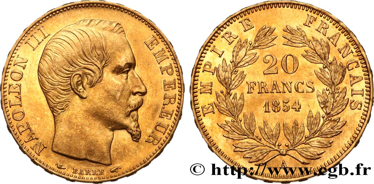 20 francs or Napoléon III, tête nue 1854 Paris F.531/2 VZ58 