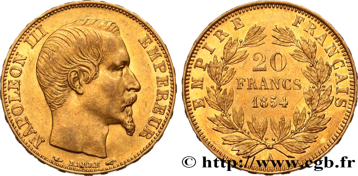 20 francs or Napoléon III, tête nue 1854 Paris F.531/2 AU53 