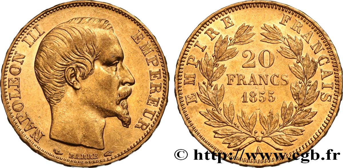20 francs or Napoléon III, tête nue 1855 Paris F.531/3 MBC50 