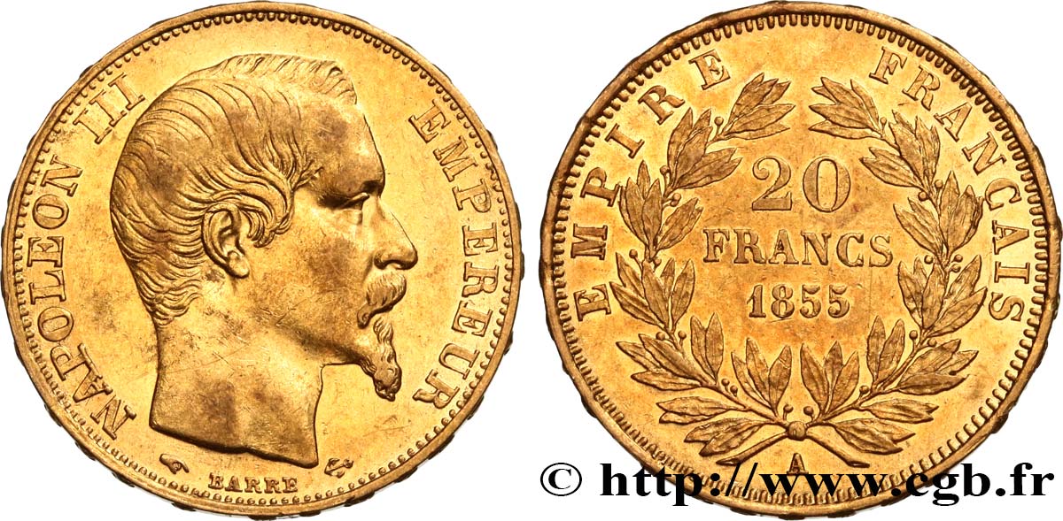 20 francs or Napoléon III, tête nue 1855 Paris F.531/4 MBC50 
