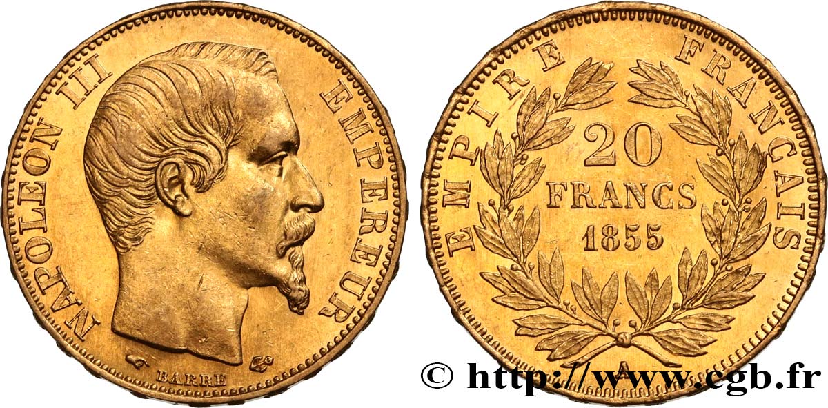 20 francs or Napoléon III, tête nue 1855 Paris F.531/4 AU55 