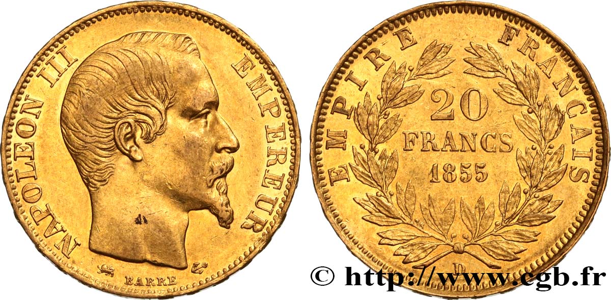 20 francs or Napoléon III, tête nue, petit lion 1855 Lyon F.531/7 BB50 