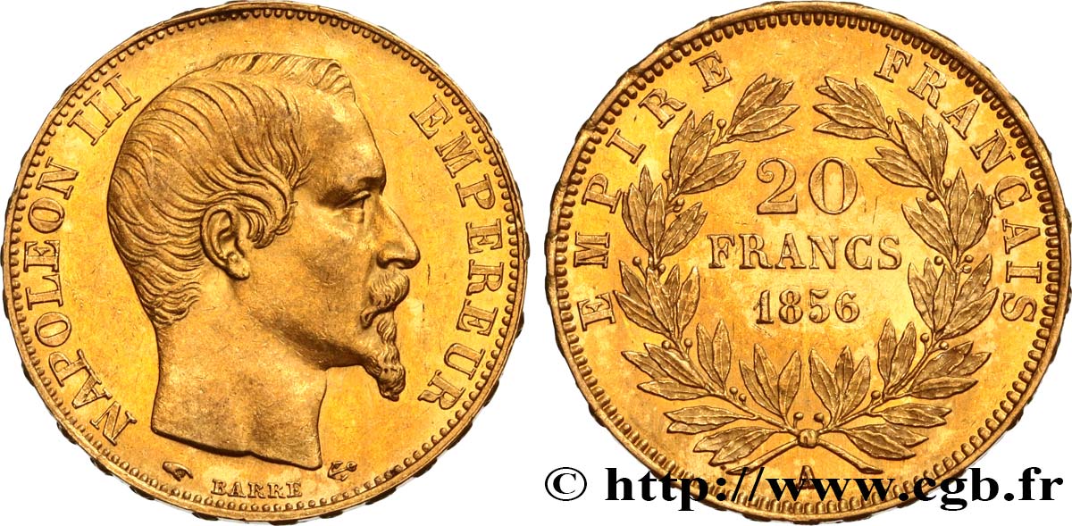 20 francs or Napoléon III, tête nue 1856 Paris F.531/9 EBC 