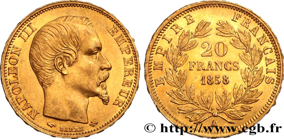 20 francs or Napoléon III, tête nue 1858 Paris F.531/13 SPL60 