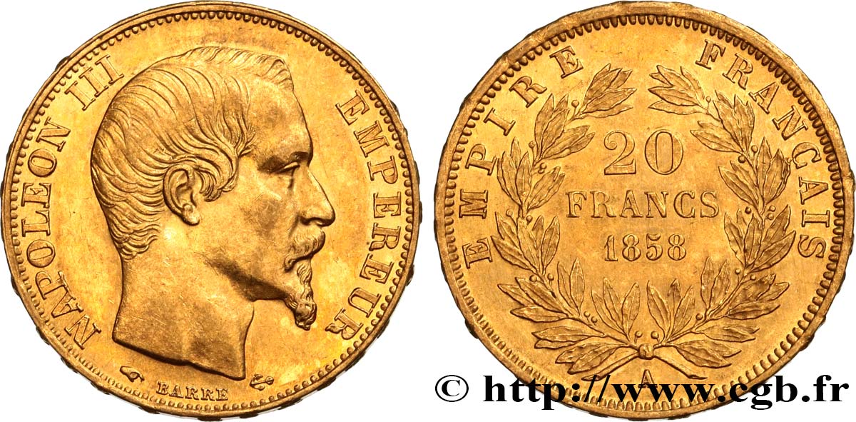 20 francs or Napoléon III, tête nue 1858 Paris F.531/13 EBC55 