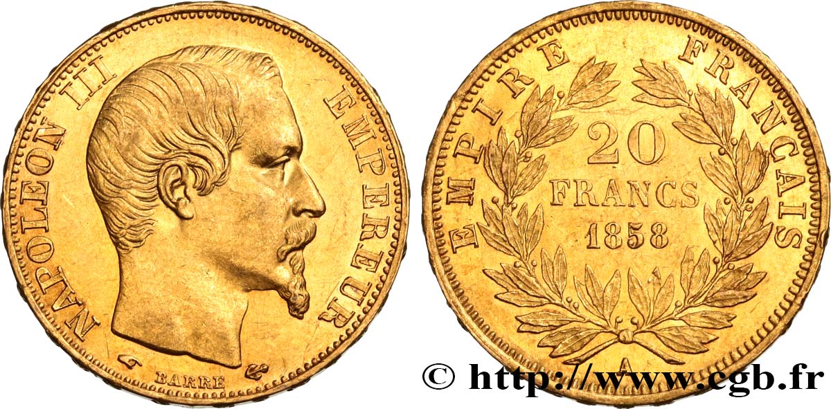 20 francs or Napoléon III, tête nue 1858 Paris F.531/13 MBC+ 