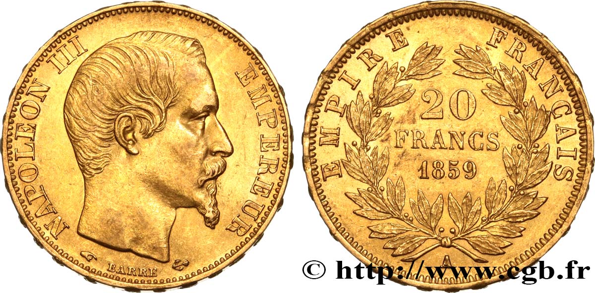 20 francs or Napoléon III, tête nue 1859 Paris F.531/15 SS53 