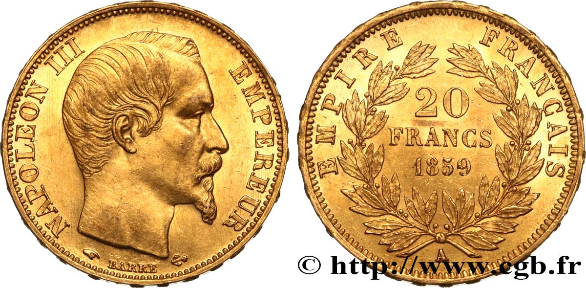 20 francs or Napoléon III, tête nue 1859 Paris F.531/15 MS60 