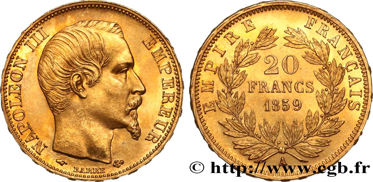 20 francs or Napoléon III, tête nue 1859 Paris F.531/15 fST63 
