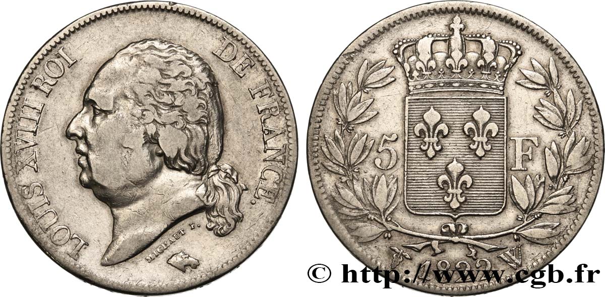 5 francs Louis XVIII, tête nue 1822 Lille F.309/75 TB 